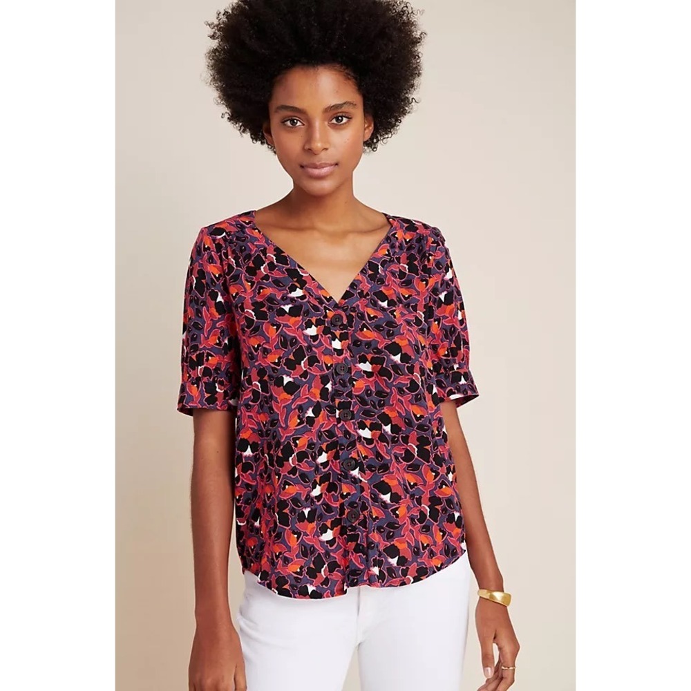 Maeve x Anthropologie V-Neck Button Front Abstract Floral Blouse | Size 6